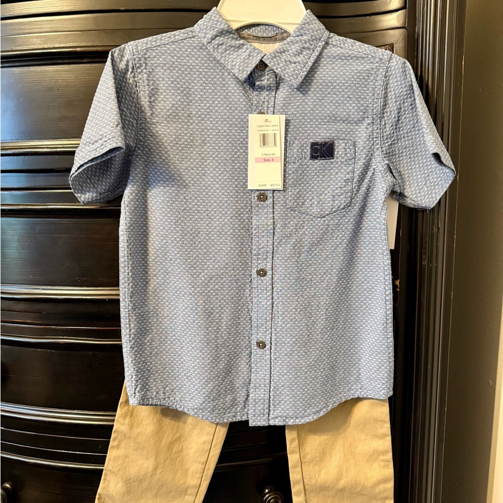 Calvin Klein Light Blue Shirt and Beige Pants Set